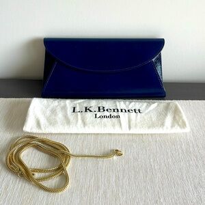 LK Bennett Navy Patent Flo Clutch shoulder bag with gold chain